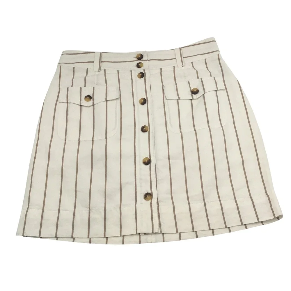 Vineyard Vines Striped Button Front Linen Blend Mini Skirt White Tan XS